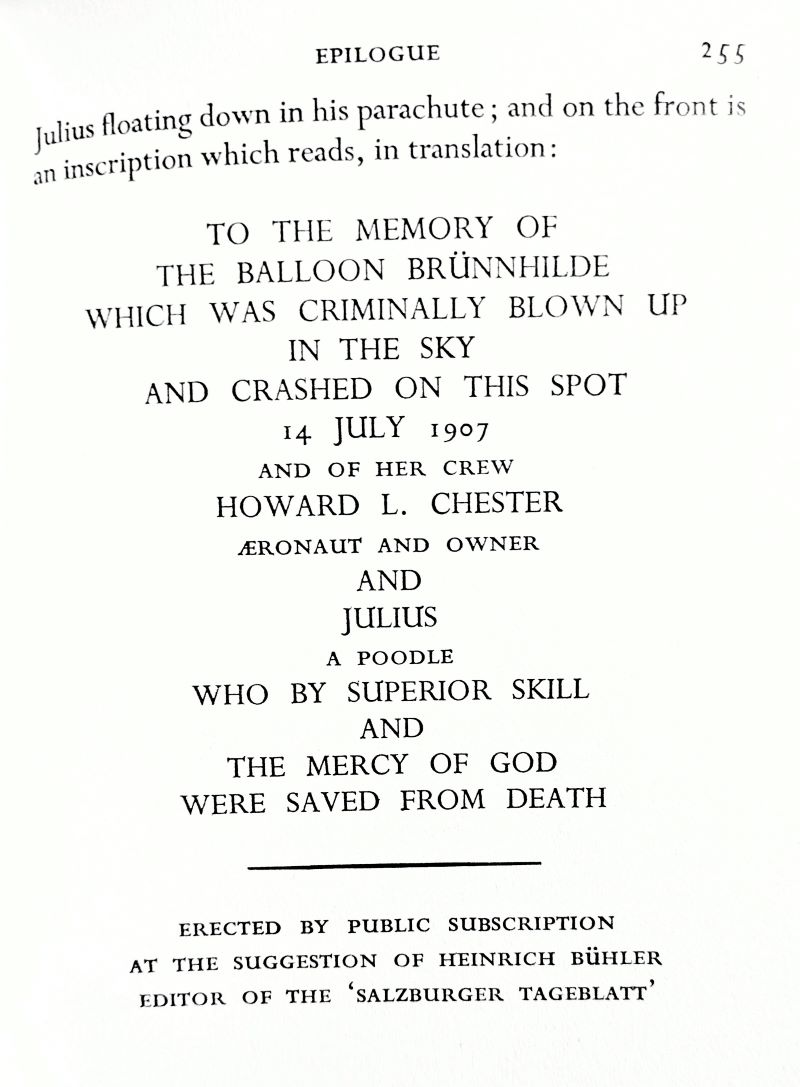 I picture of a page from the book quoting the words engraved on a memorial to the balloon's destruction.